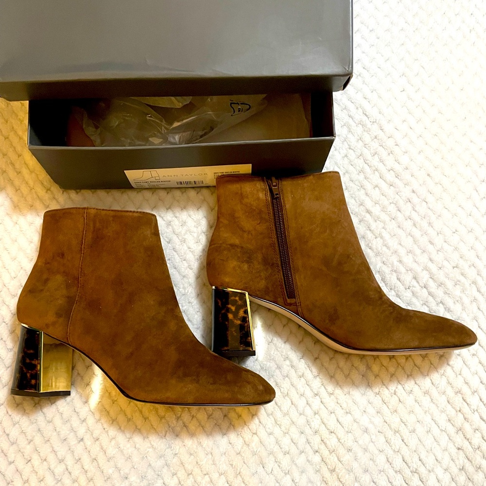Ann Taylor Brown Suede Ankle Boots with Metallic Heel